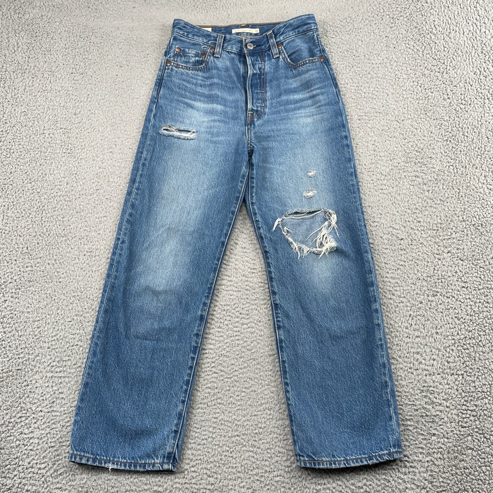 Levis Jeans Womens 26 Blue Ribcage Straight Ankle Distressed High Rise Denim
